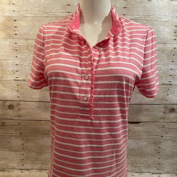 HP! Tory Burch Soft Ruffle Trim Striped Polo size Large - Picture 9 of 11